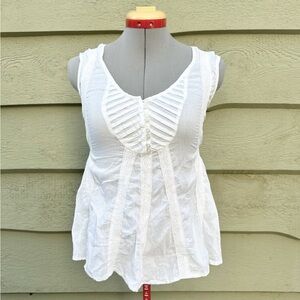 White Linen Lace Tank Top Blouse with Back Tie & Buttons